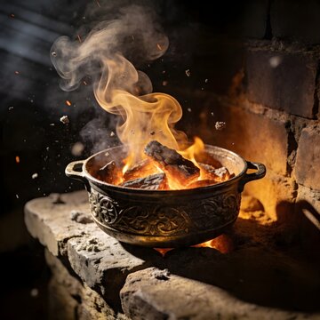 Hand-Built Clay Stove with Burning Wood and a Soot-Covered Black Pot in a Rural Kitchen.