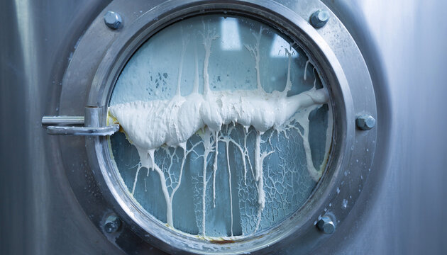 View into chemical mixing tank with agitator and foam during mixing process in industrial setting