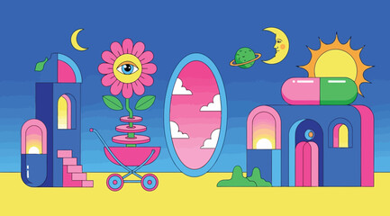 Surreal psychedelic landscape with a flower eye in a baby carriage, pillshaped buildings, and celestial bodies © Saharia