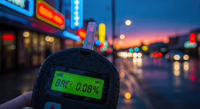 Alcohol breathalyzer at dusk shows level on city street background