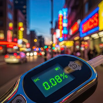 Alcohol breathalyzer test displaying 0 08 bac in illuminated city