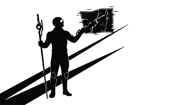 Futuristic explorer scans a holographic map while holding a staff in the wilderness.