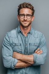 Fototapeta premium Portrait of person in denim shirt with arms crossed against gray background