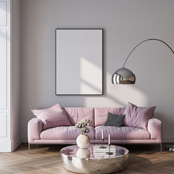 Modern Living Room Poster Frame Mockup with Natural Light and Minimalist Decoration. 3D render.