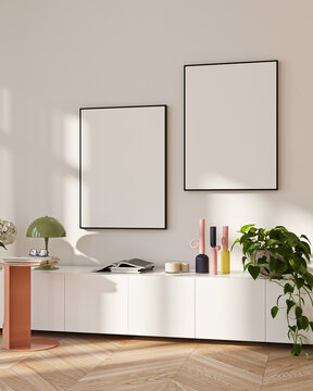 Modern Living Room Poster Frame Mockup with Natural Light and Minimalist Decoration. 3D render.