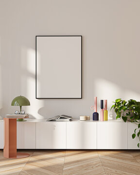 Modern Living Room Poster Frame Mockup with Natural Light and Minimalist Decoration. 3D render.