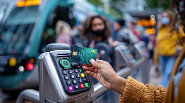 Person tapping a contactless card on a tram fare gate in an urban outdoor setting
