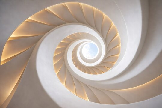 Abstract architectural view looking up a modern spiral staircase with integrated lighting, creating a dynamic, flowing design leading to a bright skylight