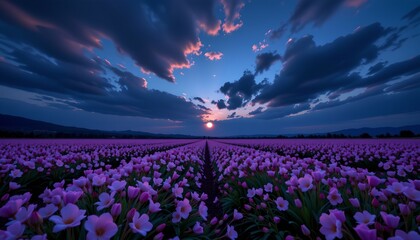 Obraz premium The image depicts a vast field of blooming flowers stretching toward the horizon, predominantly in shades of pink and purple