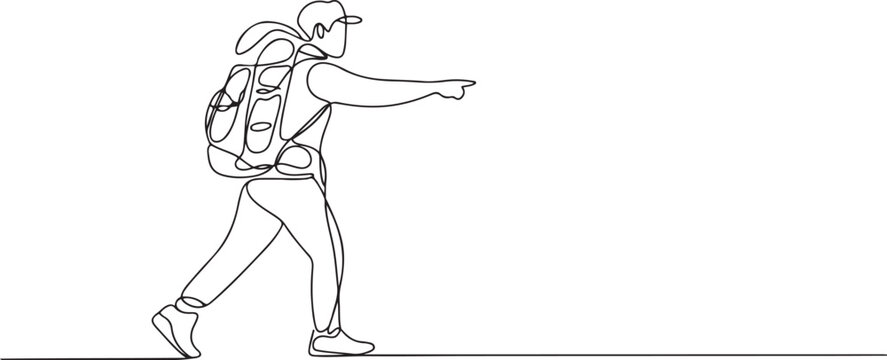 Single continuous line drawing direction pointer hiker man backpacks hiking traveling and tourism.one line drawing vector illustration