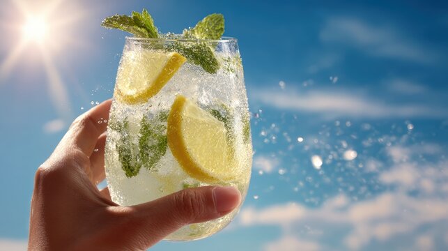Hand Holding Glass of Mint Lemonade Against Bright Sky with Lemon Slice Garnish and Sparkling Conden