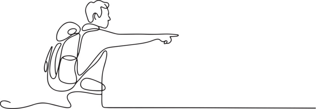 Single continuous line drawing direction pointer hiker man backpacks hiking traveling and tourism.one line drawing vector illustration