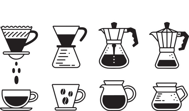 Barista coffee brewing tools collection with moka pot drip filter carafe and cup icons for cafe specialty beverage  Vector Illustration design.