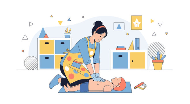 Woman Performing CPR on Child in Brightly Decorated Room