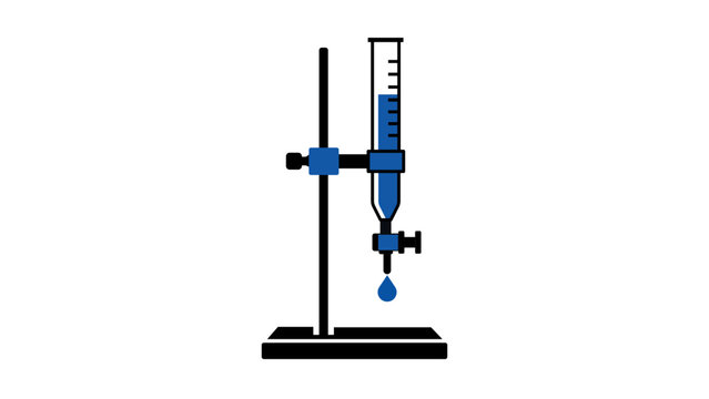 Modern flat vector icon of a laboratory burette with blue liquid and a drop, clamped to a retort stand on a white background. Perfect for chemistry and science. Editable Stroke Vector Illustration.