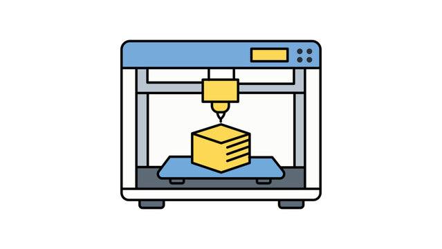 3D Printer Vector Icon Illustration with Editable Stroke. Modern flat design of a Cartesian 3D printer machine printing a yellow cube on a blue platform, isolated on white background for design.