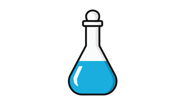 Volumetric flask vector icon with blue liquid and stopper. Modern flat illustration for science, chemistry, and laboratory research. Features editable stroke for easy customization and scaling.