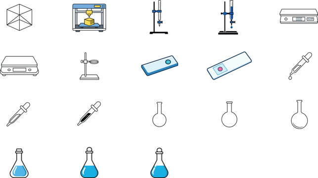 Science Laboratory and Technology Vector Icon Set with Editable Stroke. Features 3D Printer, Digital Scale, Pipette, Flasks, Burette, and Microscope Slides. Minimalist Line Art Bundle for Design.