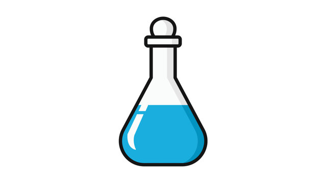 Volumetric Flask Vector Icon with Blue Liquid and Stopper. Modern Flat Illustration for Science, Chemistry, and Laboratory Research. Scalable SVG with Editable Stroke for Custom Line Weight.