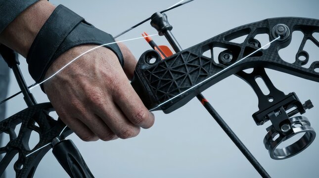 Close-Up of Archer's Hand on Bow Archery Bow Compound Bow Archer'S Hand Precision Sport Outdoor. Concept featuring archery, bow, compound bow, archer's hand, precision for professional commercial d...