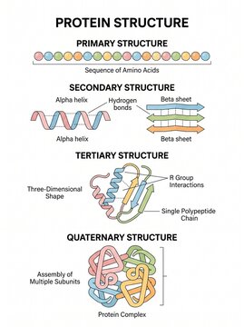 The protein structure diagram illustrates primary, secondary, tertiary, and quaternary structures in a scientific educational context with amino acids and polypeptide chains.