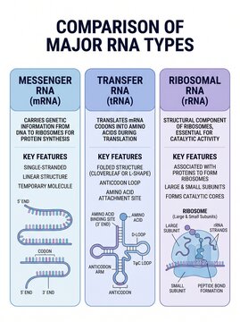 Detailed comparison of major RNA types including their structures and functions