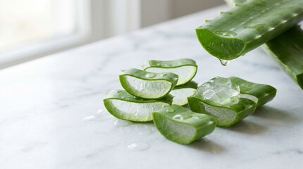 Obraz premium Fresh Aloe Vera Slices with Gel and Droplets on Marble Surface, Natural Skincare Ingredient for Hydration, Beauty Treatment, Organic Wellness and Herbal Medicine Concept