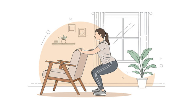 Woman Doing Chair Squats at Home for Fitness and Strength Training
