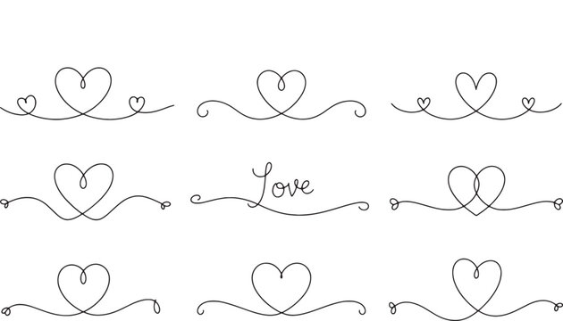 Romantic heart line art dividers and flourishes with cursive love text for wedding invitation and card vector design.