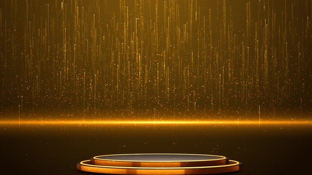 Gold podium for product presentation Abstract empty golden award platform Anniversary Golden Celebration Award Ceremony. stage with gold spotlight lines and shiny texture for award ceremony design