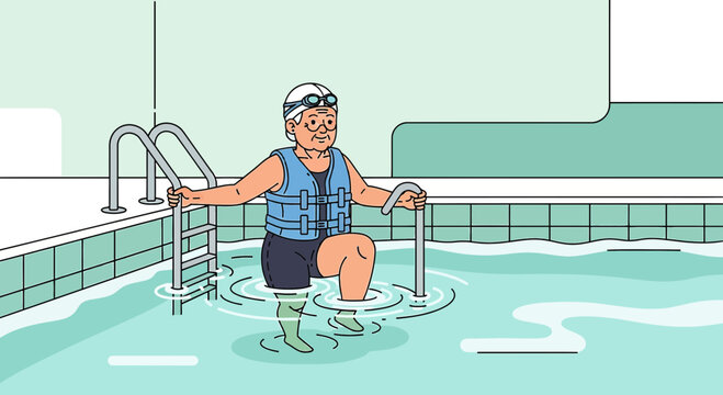 Senior Woman Exercising in Swimming Pool with Life Vest and Noodles