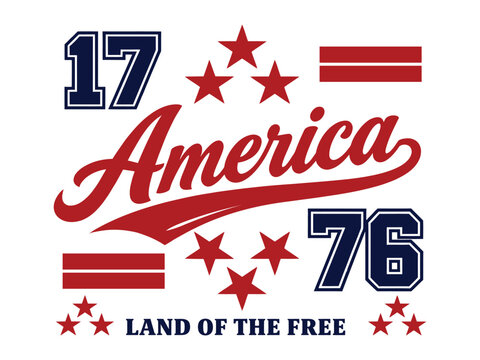 America 1776 Land of The Free Patriotic Baseball Script Typography T-Shirt Design &ndash; Stars Red White Blue Independence Day Vector Illustration