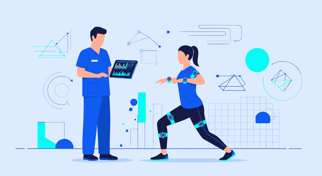 Sports Medicine Doctor Analyzing Athlete's Movement with Wearable Sensors