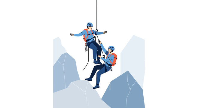 Teamwork in mountaineering: Climbers rappelling down a rocky mountain face