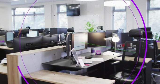 Office desk staying while purple rings entering from edges, rotating, framing desk and adding label