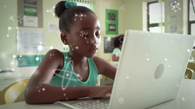 Female student typing on white laptop, causing camera zoom while molecules drifting, studying STEM
