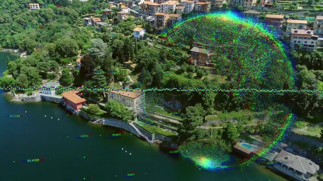 Color ring emerging right, expanding over lakeside village and marking water data for tech creators