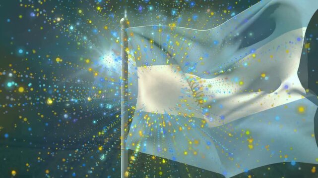 Particles bursting from sun emblem, suncrest flag unfurling and billowing while left flare shining