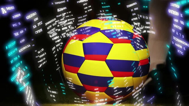Player legs nudging soccer ball on turf, sports technology code forming vortex, ball returning