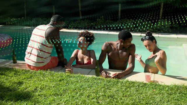 Man on deck leaning in, starting chat at pool for marketing, friends smiling holding pink drinks