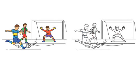 Boys playing soccer vector illustration. Colored and black and white outline coloring page with player kicking ball, defender, and goalkeeper. © MstTabassum