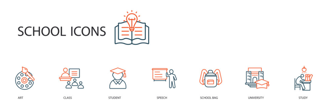 school icons set outline and Flat Style,transparent background