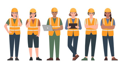 Obraz premium Six diverse construction workers in safety gear present a unified and professional front for their team.