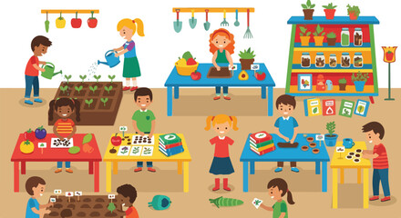 Fototapeta premium This vector illustration depicts a group of diverse children engaged in various indoor gardening activities like planting and watering in a classroom.