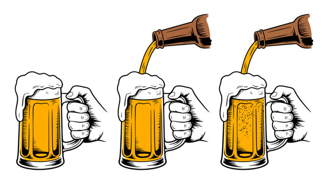 Three hands hold beer mugs with frothy beer being poured from bottles into them