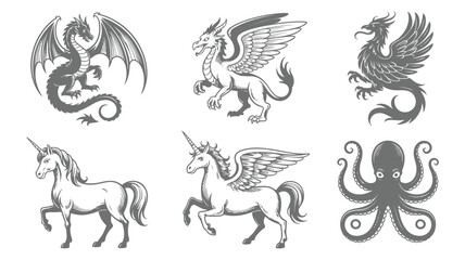 Fototapeta premium A collection of six mythical and fantastical creatures rendered in a detailed, monochromatic engraving style.