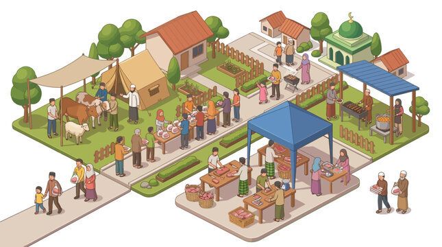 Vibrant Qurban festival scene with people participating in sacrifice, community gathering, and market stalls during Eid al-Adha celebrations