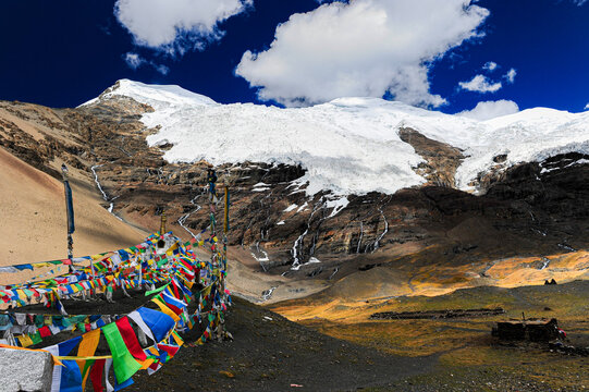 Colorful Prayer Flags Waving in Front of Karola Glacier
