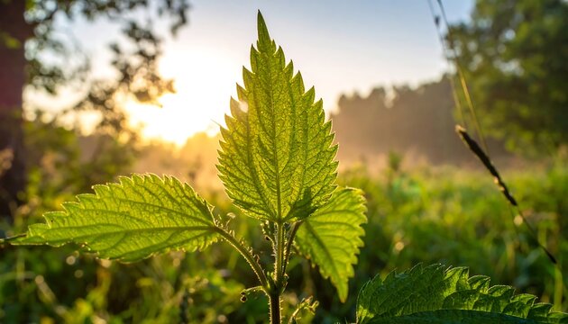 Backlit nettle leaf shines in morning light on a vibrant, grassy field in nature