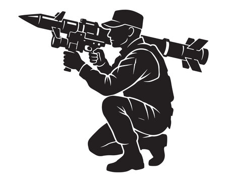 Military soldier silhouette with rocket launcher, infantry man aiming man-portable anti-tank missile, black and white army vector illustration